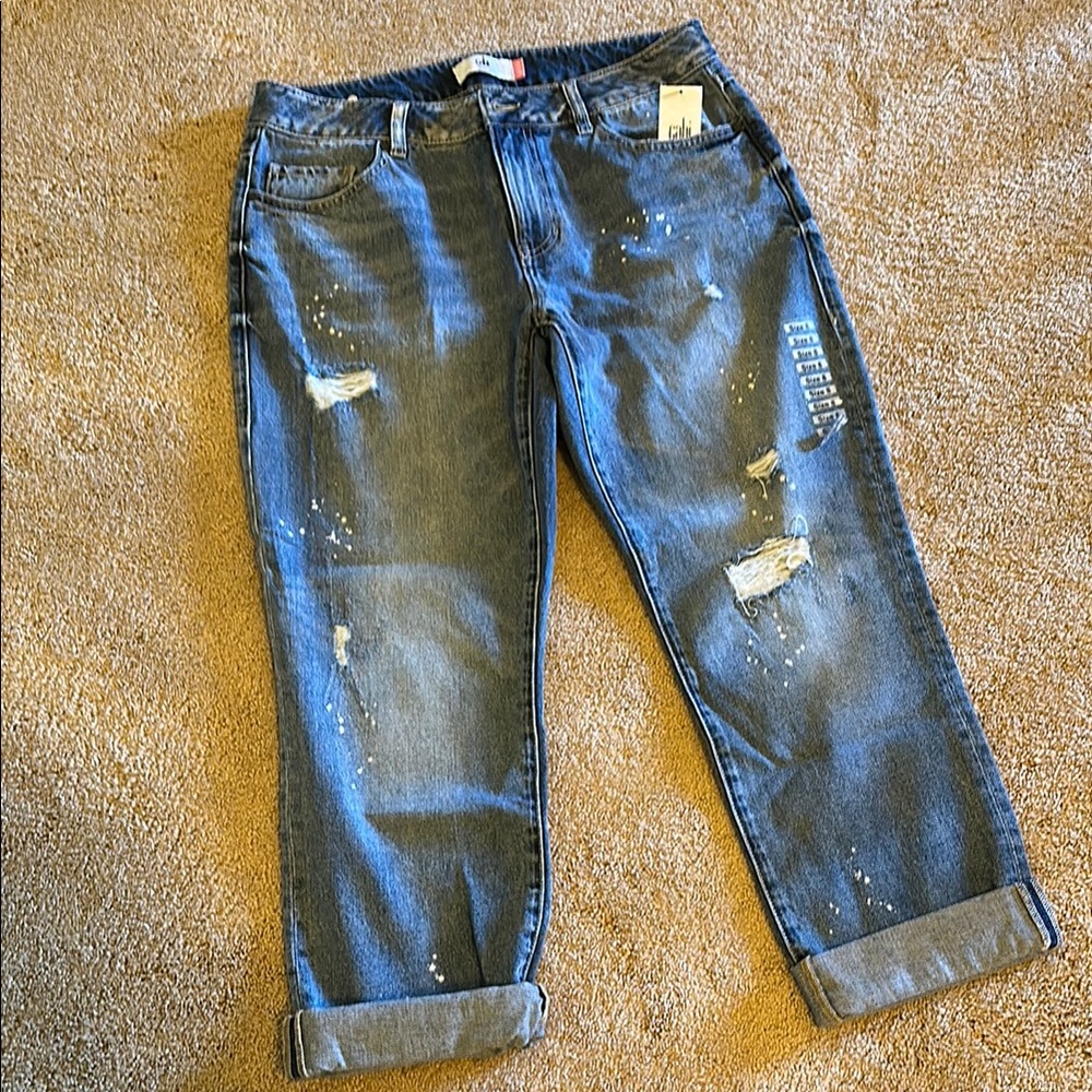 NWT CAbi Blue Boyfriend Jeans with Distressed Detailing